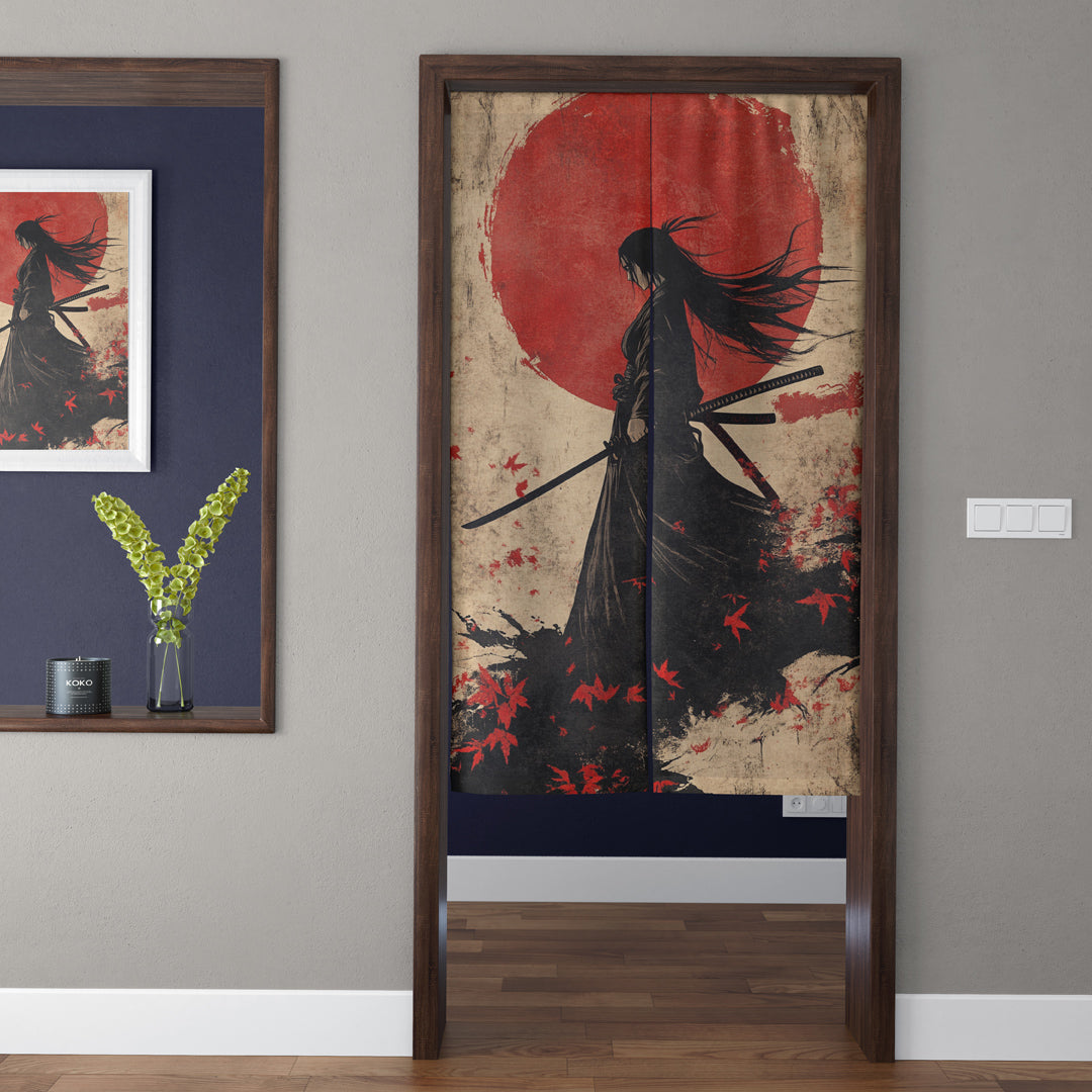 Japanese Traditional Vintage Dual Katana Female Samurai, Crimson Sun & Red Maple Doorway Curtain Noren Zen Room Divider