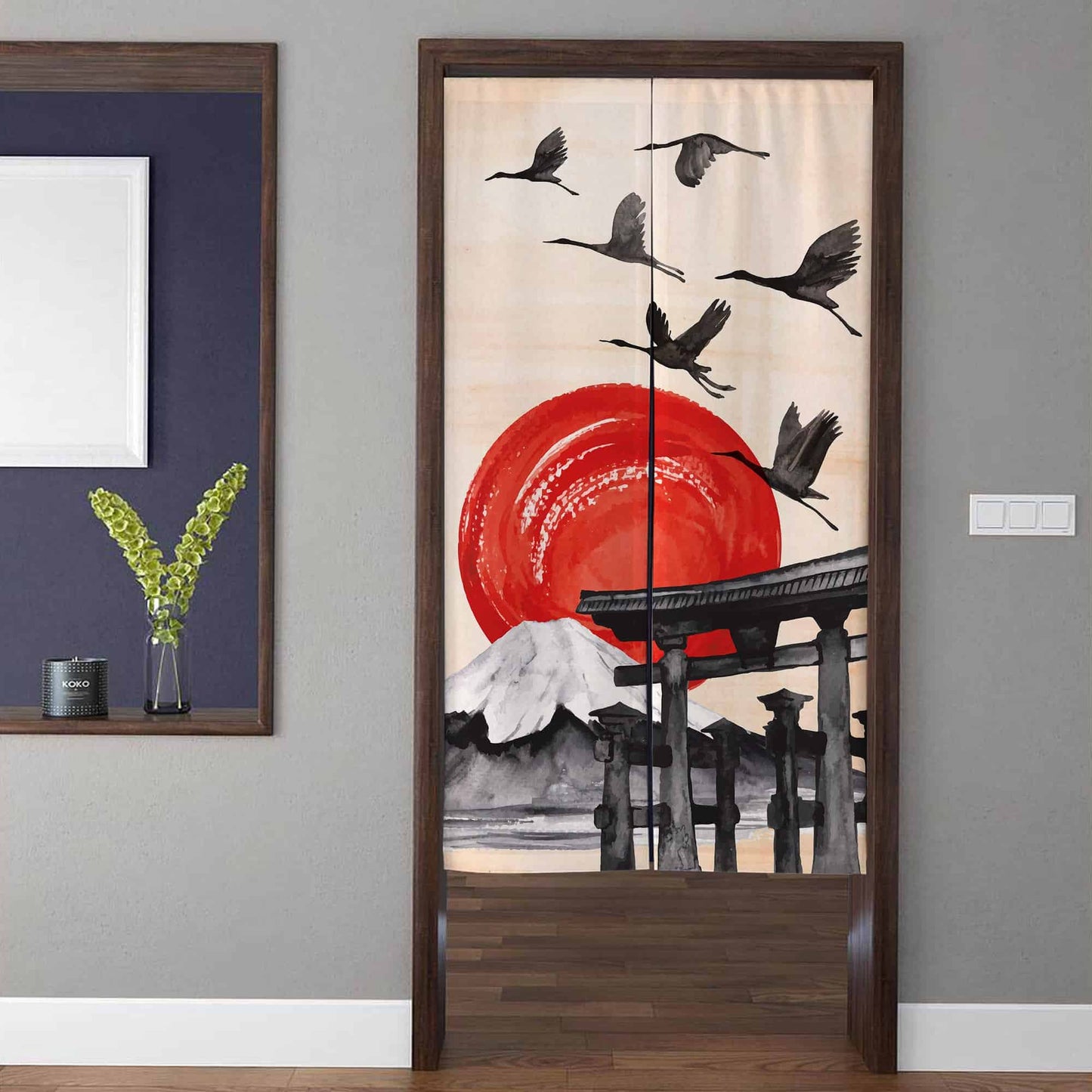 Japanese Traditional Torii Gate Mt Fuji & Flying Cranes Doorway Curtain Noren Zen Room Divider