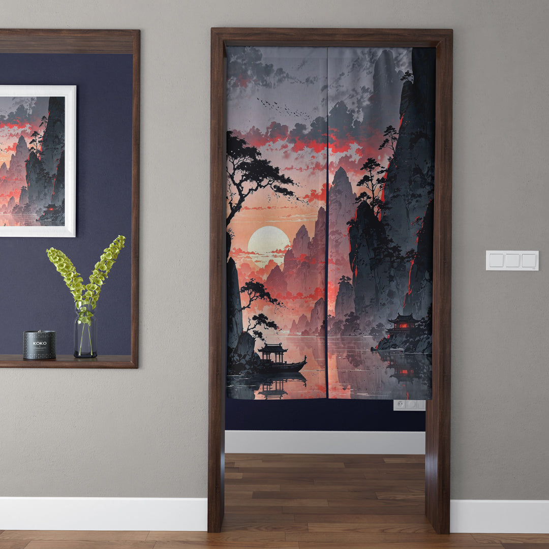 Japanese Traditional Ink Wash Sunset Crimson Clouds & River Mountain Pagoda Doorway Curtain Noren Zen Room Divider
