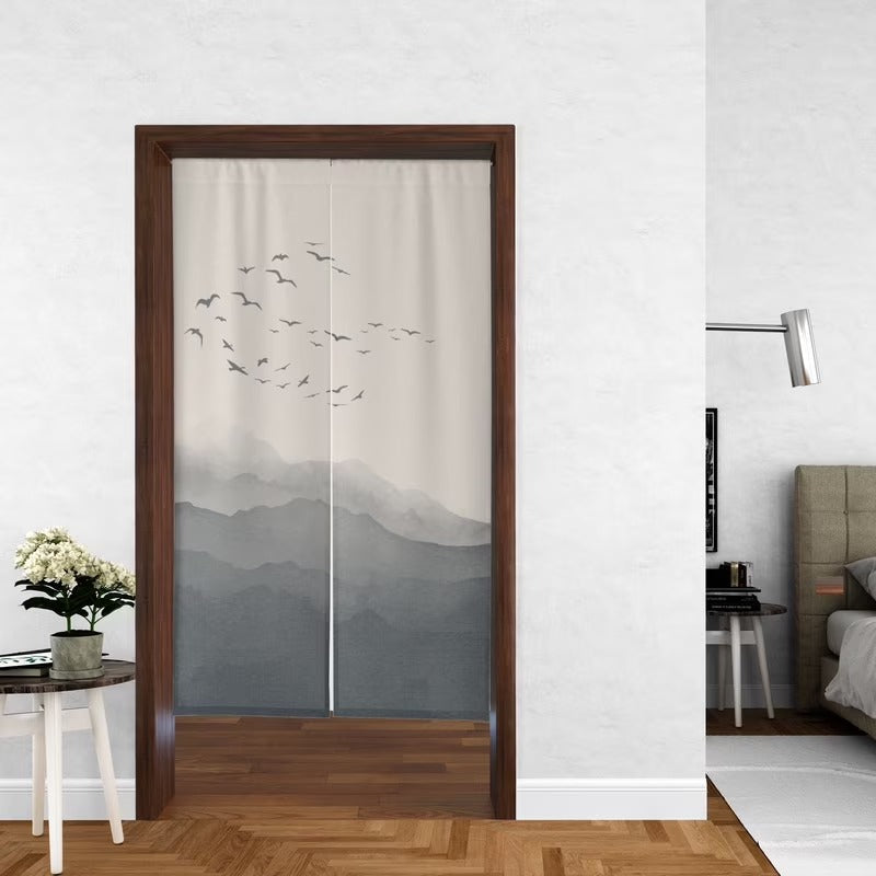 Zen Watercolor Misty Mountains & Flying Birds Japandi Doorway Curtain Noren Room Divider