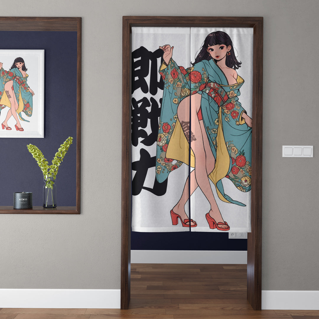 Japanese Vintage Anime Kimono Girl & Calligraphy Tattoo Doorway Curtain Noren Room Divider