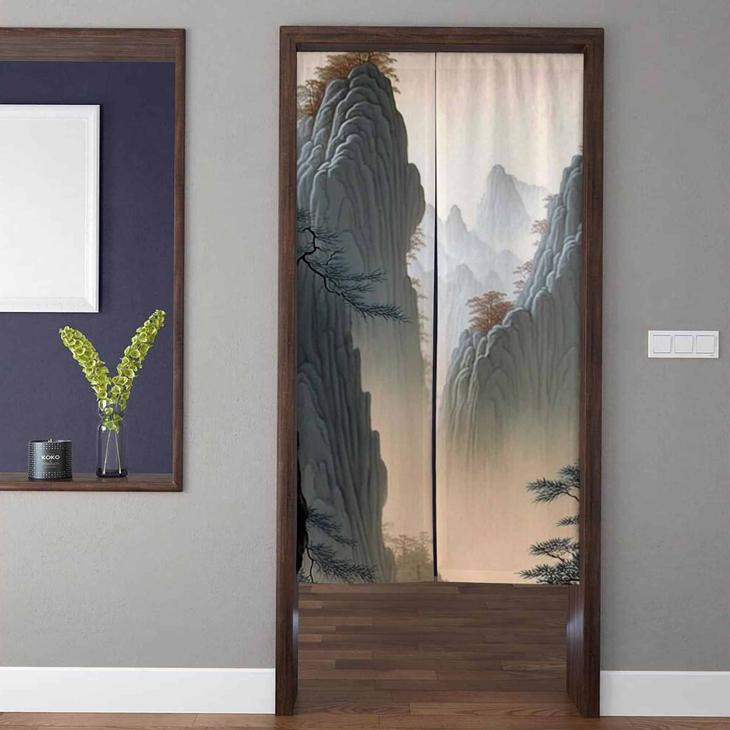Traditional Asian Ink Wash Misty Mountain Peaks & Pine Tree Doorway Curtain Noren Zen Room Divider