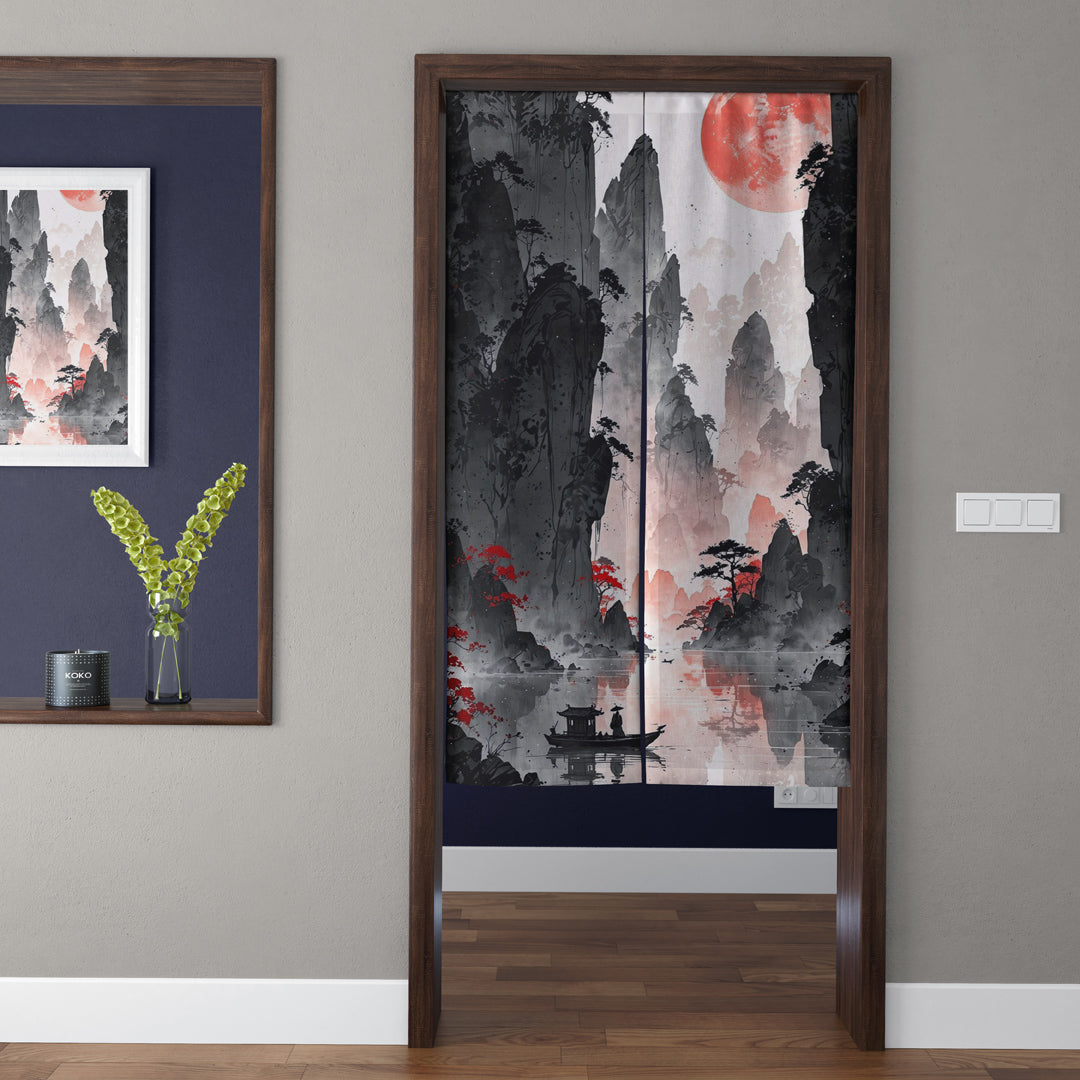 Japanese Traditional Ink Wash Crimson Moon Mountain & Solitary Boat Doorway Curtain Noren Zen Room Divider