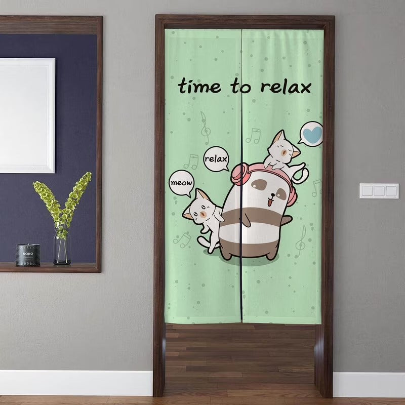 Kawaii Cartoon "Time to Relax" Dancing Panda & Cats Mint Green Doorway Curtain Noren Room Divider