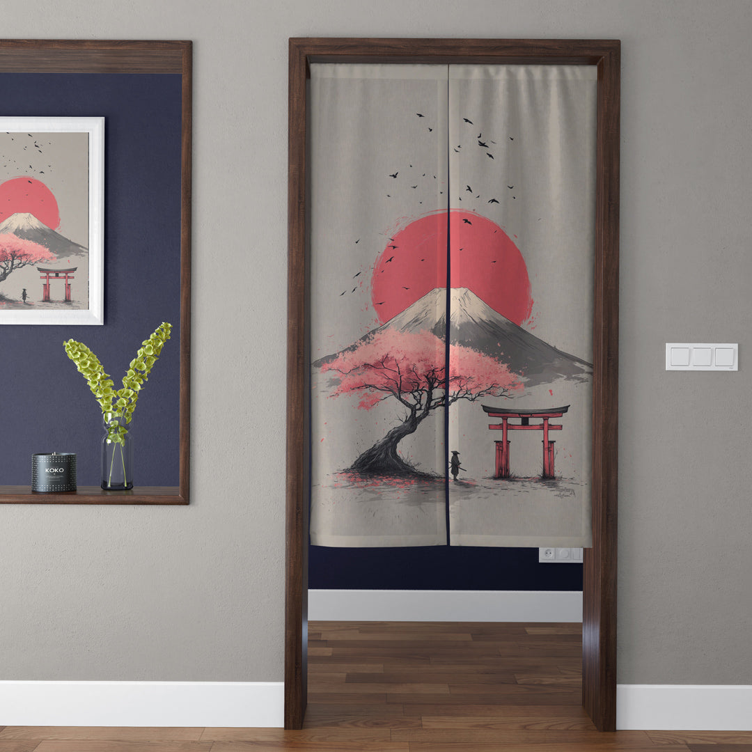 Japanese Traditional Ink Wash Mount Fuji, Torii Gate & Pink Sakura Doorway Curtain Noren Zen Room Divider