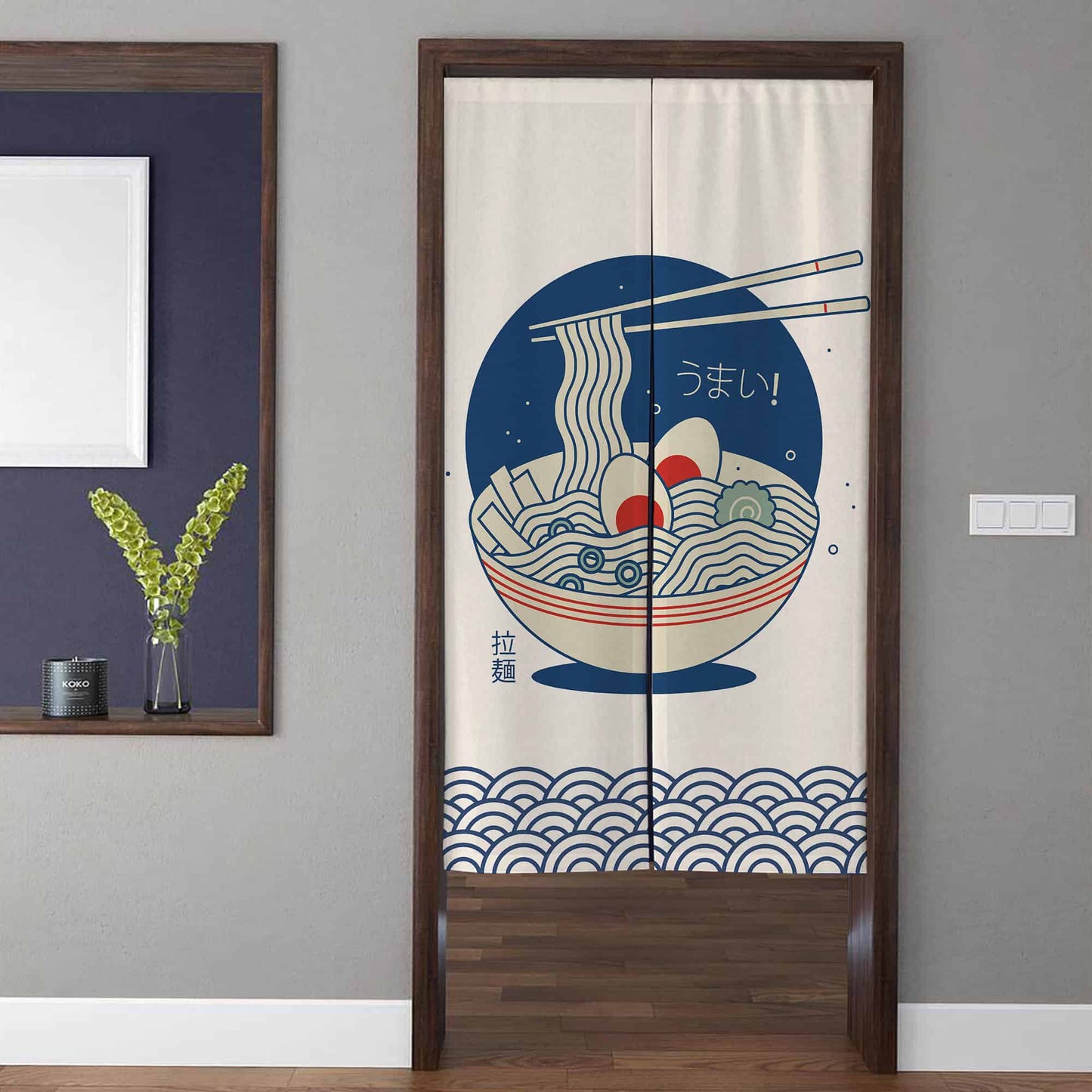 Japanese Traditional Ramen Bowl & Chopsticks Doorway Curtain Noren Kitchen Izakaya Room Divider