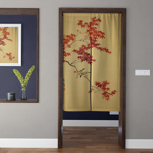 Japanese Traditional Vintage Gold Autumn Red Maple & Songbirds Doorway Curtain Noren Zen Room Divider