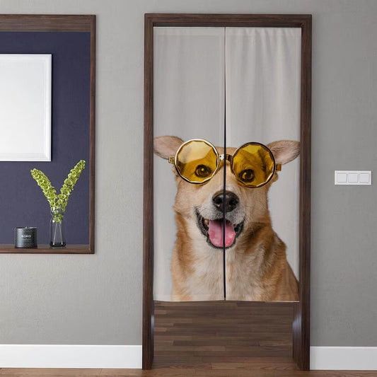 Humorous Funny Dog Wearing Vintage Yellow Sunglasses Pet Doorway Curtain Noren Room Divider