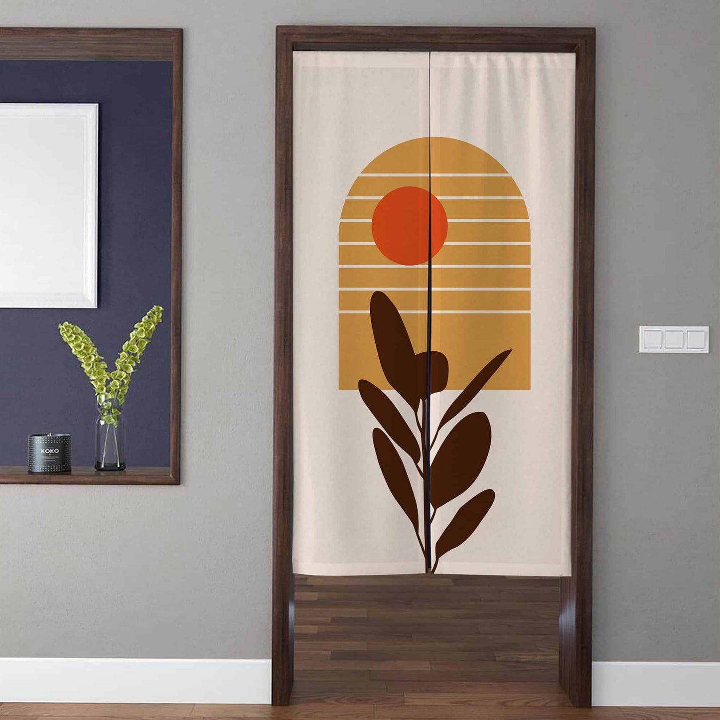 Minimalist Boho Abstract Arch Sun & Botanical Leaf Doorway Curtain Noren Room Divider