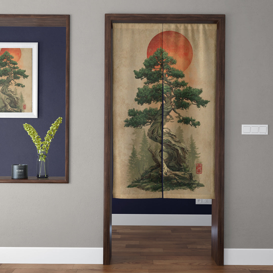 Japanese Traditional Vintage Gnarled Ancient Pine Bonsai Tree & Crimson Sun Doorway Curtain Noren Zen Room Divider