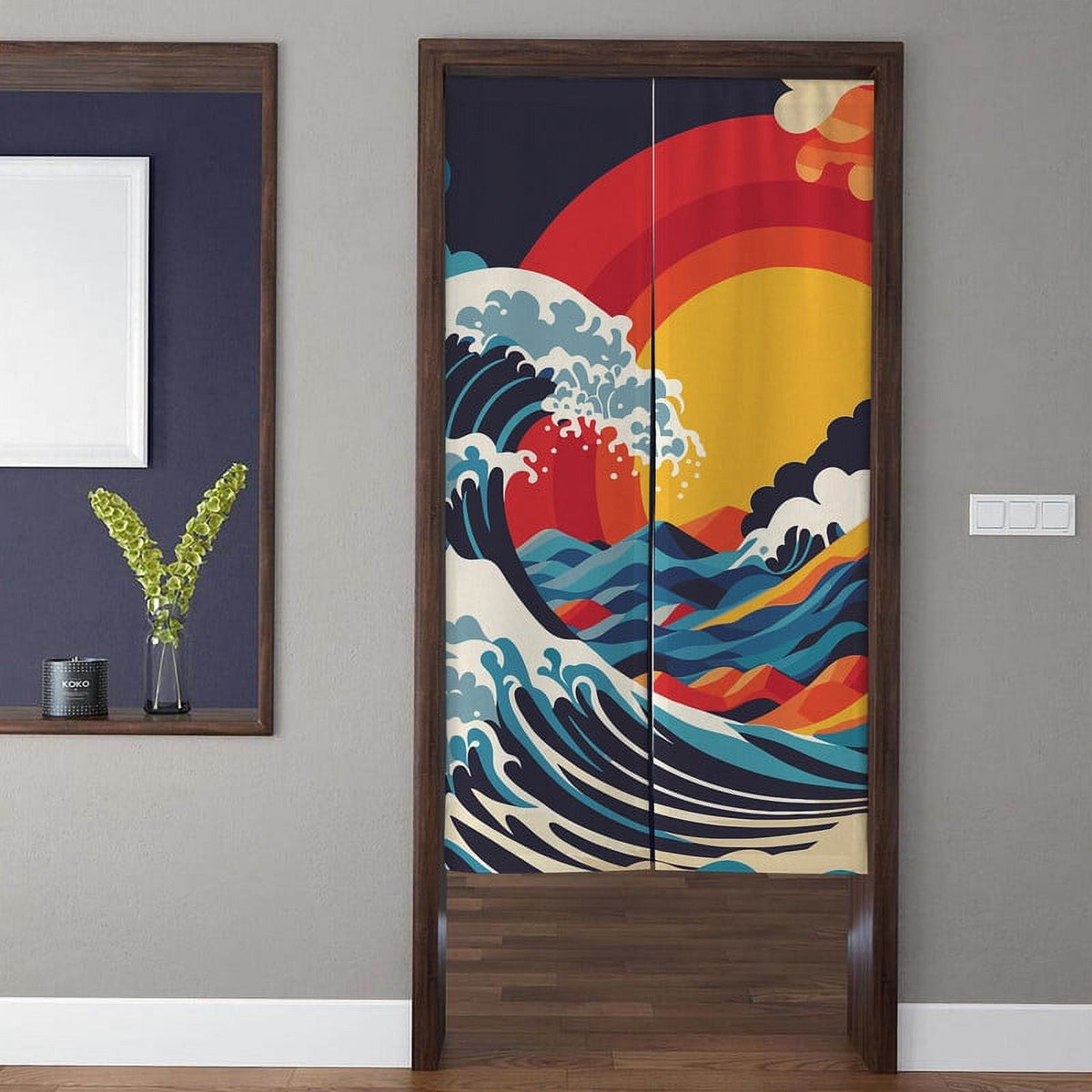 Modern Pop-Art Great Wave & Radiant Sunset Japanese Ukiyo-e Doorway Curtain Noren Room Divider