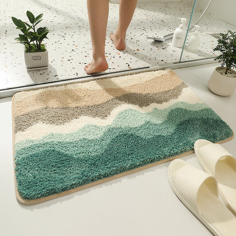 Abstract Blue Wave Ocean Bath Mat & Green Mountain Rug | Non-Slip Washable Beach Landscape Rug