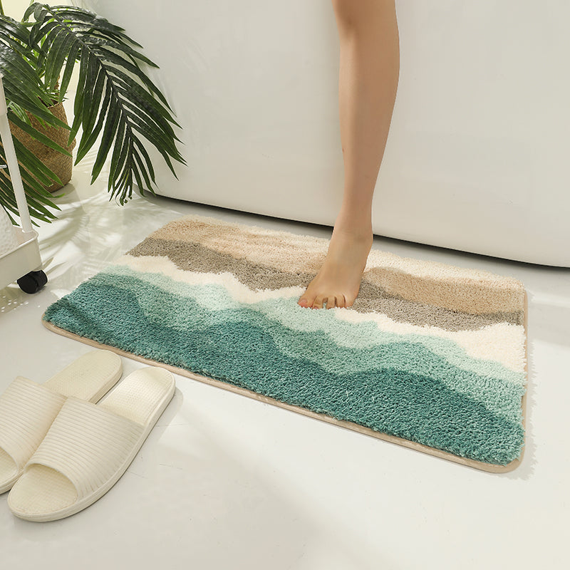 Abstract Blue Wave Ocean Bath Mat & Green Mountain Rug | Non-Slip Washable Beach Landscape Rug