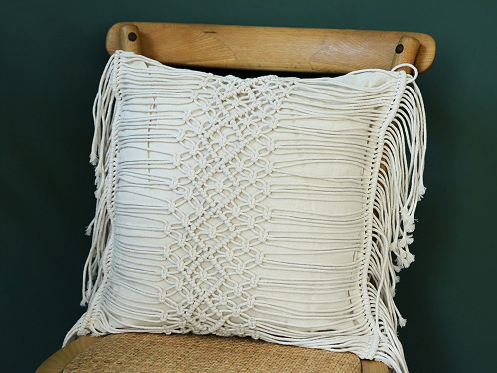 Boho Macramé Woven Throw Pillow Cover – Handcrafted Fringe Cushion Case (18" x 18" / 45 x 45 cm)
