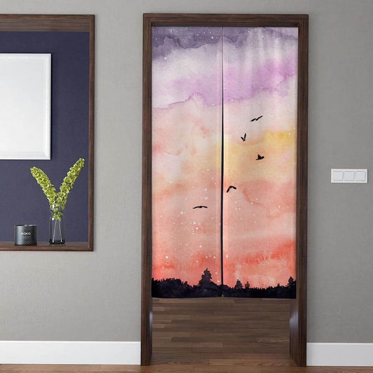 Minimalist Watercolor Sunset Sky Starry Forest & Flying Birds Doorway Curtain Noren Room Divider