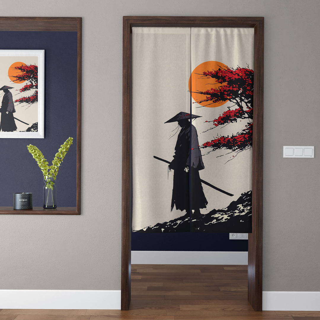 Japanese Traditional Sumi-e Ink Wash Samurai & Crimson Sun Doorway Curtain Noren Zen Room Divider