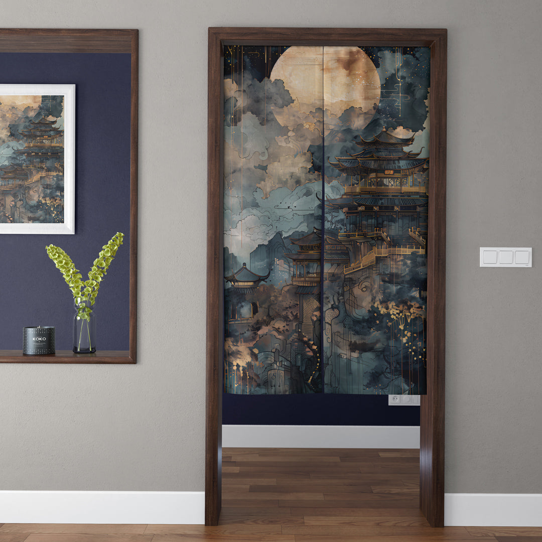 Japanese Traditional Golden Temple & Full Moon Doorway Curtain Noren Asian Celestial Room Divider