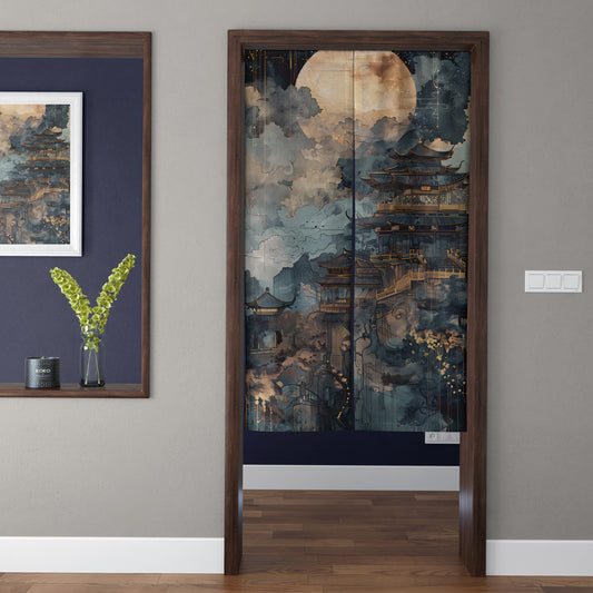 Japanese Traditional Golden Temple & Full Moon Doorway Curtain Noren Asian Celestial Room Divider