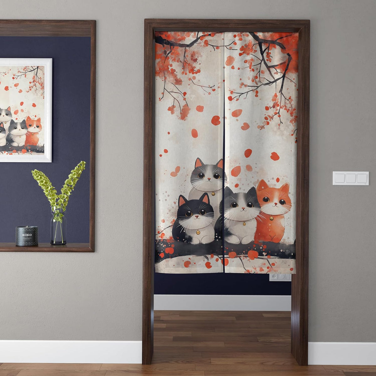 Japanese Watercolor Autumn Maple Tree & Four Cute Cats Doorway Curtain Noren Room Divider