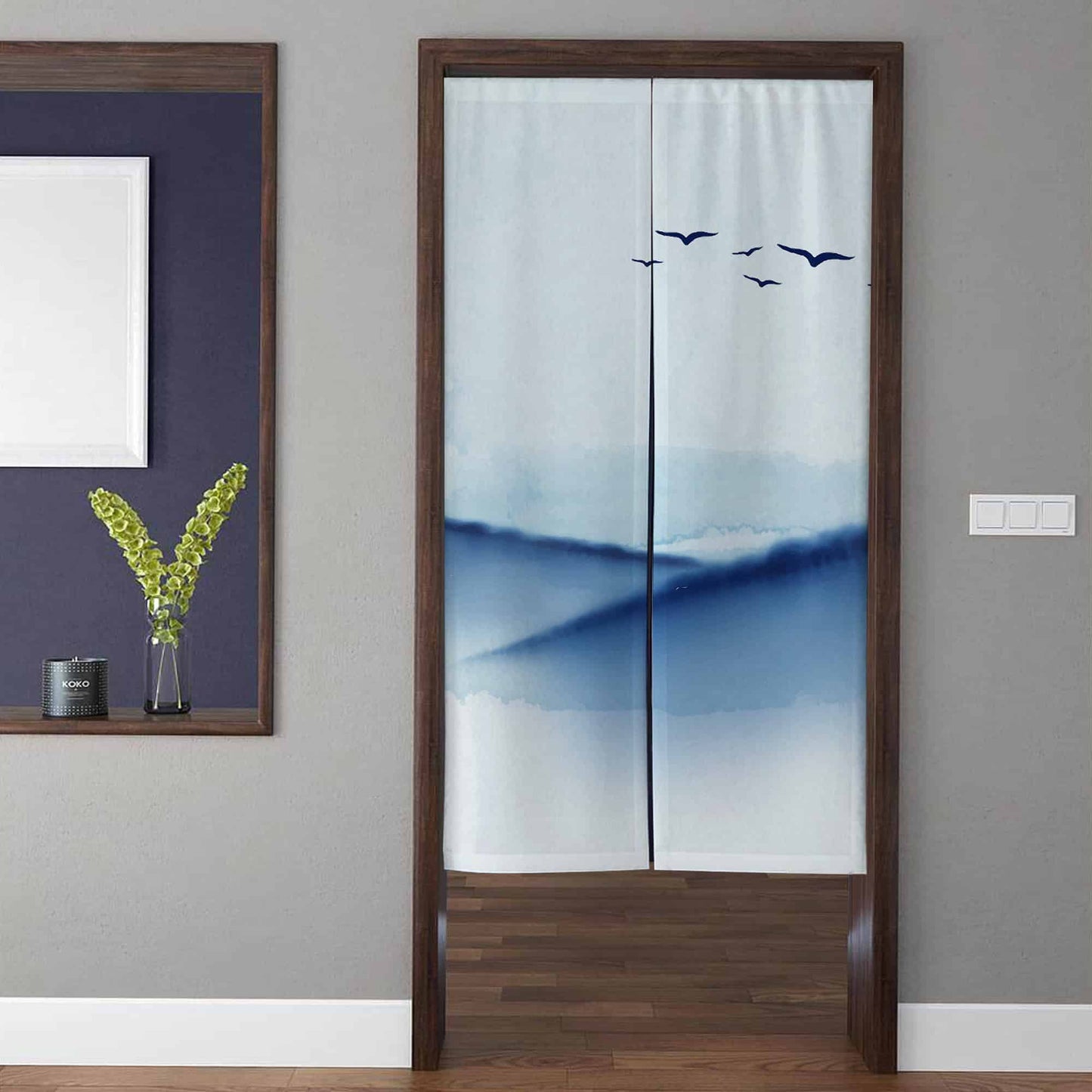 Minimalist Japanese Blue Ink Wash Mountain & Flying Birds Doorway Curtain Noren Zen Room Divider
