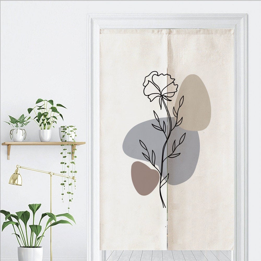 Hand Drawn Line Art Dried Flower Pattern Doorway Noren Curtain image 1