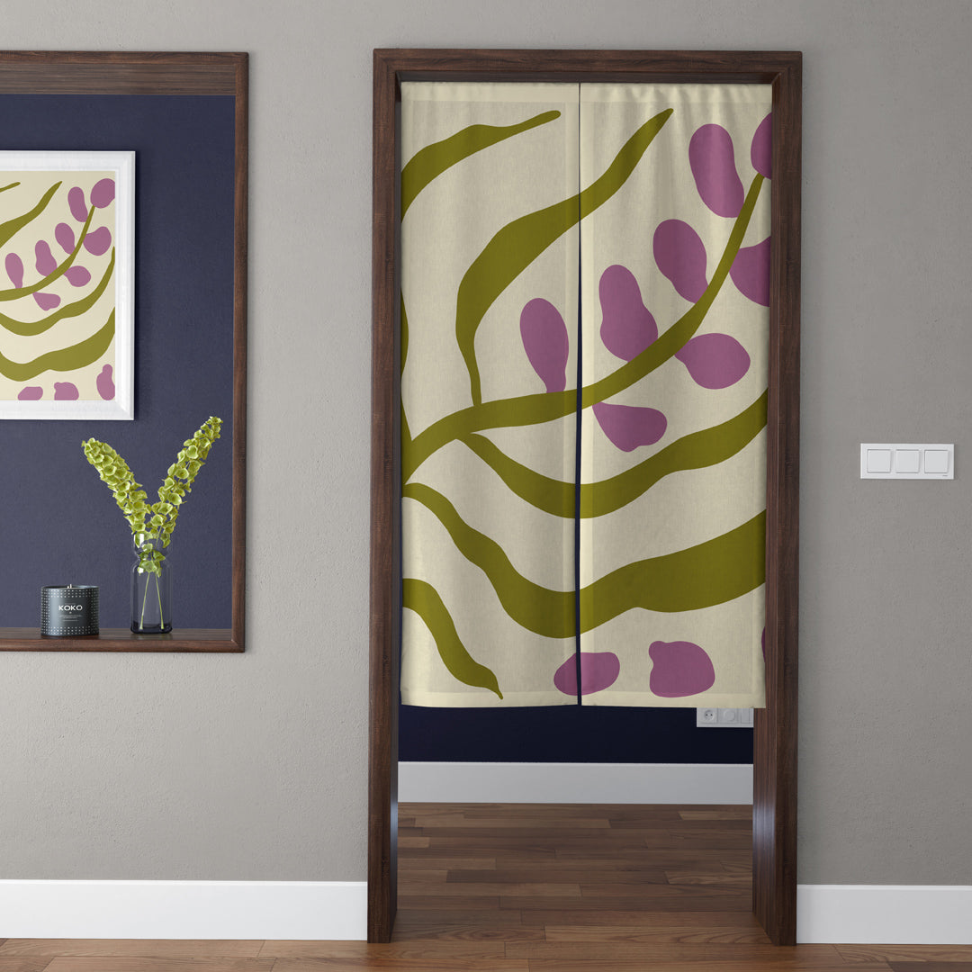Japandi Minimalist Olive Green Leaf & Dusty Purple Berry Doorway Curtain Noren Room Divider