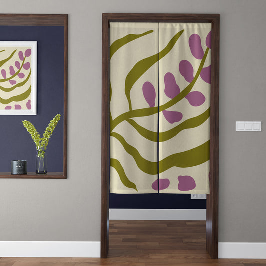 Japandi Minimalist Olive Green Leaf & Dusty Purple Berry Doorway Curtain Noren Room Divider