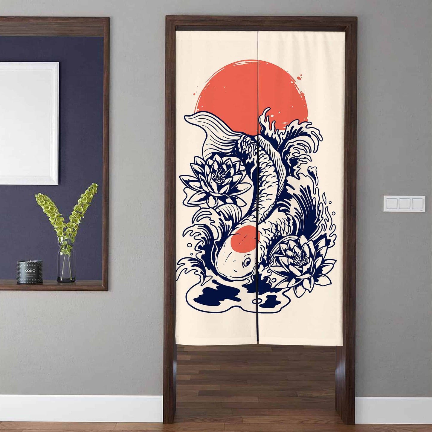 Japanese Traditional Koi Fish & Crimson Sun Doorway Curtain Noren Zen Room Divider