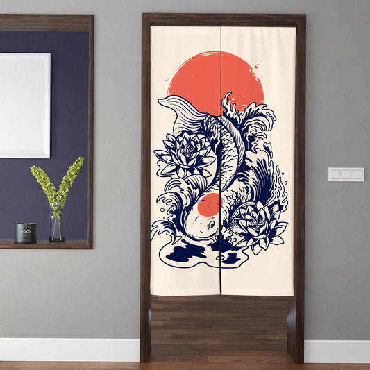 Japanese Traditional Koi Fish & Crimson Sun Doorway Curtain Noren Zen Room Divider