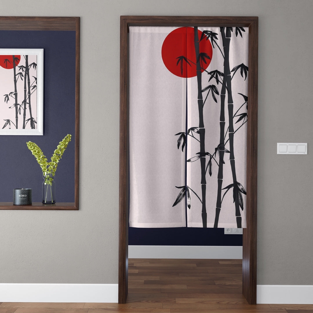 Japanese Traditional Minimalist Ink Wash Black Bamboo & Crimson Sun Doorway Curtain Noren Zen Room Divider