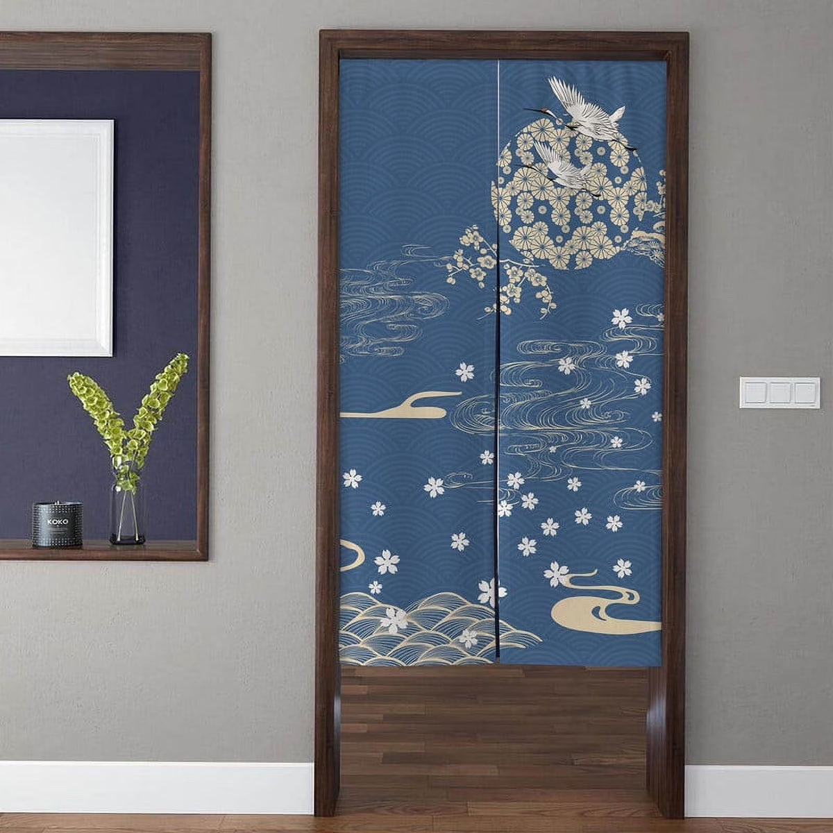 Traditional Japanese Zen Indigo Blue Cranes & Cherry Blossoms Doorway Curtain Noren Room Divider
