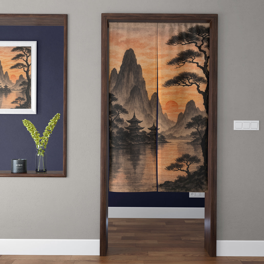 Japanese Traditional Vintage Sunset Gold Mountain Lake & Pagoda Temple Doorway Curtain Noren Zen Room Divider