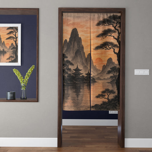 Japanese Traditional Vintage Sunset Gold Mountain Lake & Pagoda Temple Doorway Curtain Noren Zen Room Divider