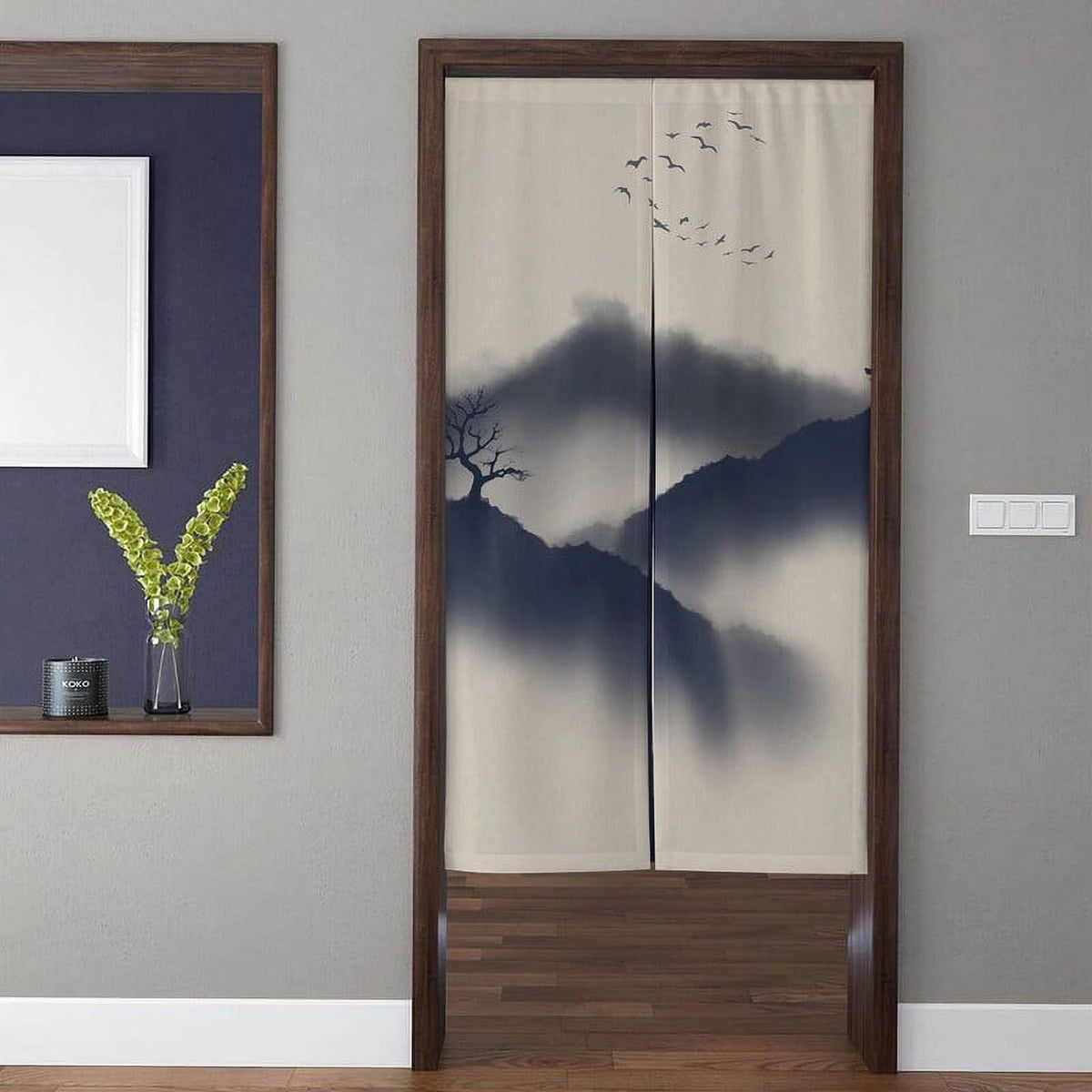 Zen Watercolor Misty Mountains, Solitary Tree & Flying Birds Japandi Doorway Curtain Noren Room Divider