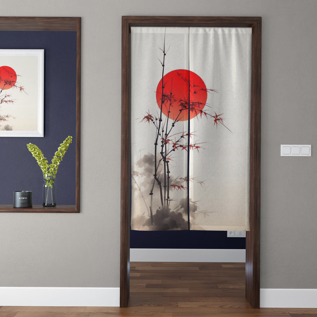 Japanese Traditional Minimalist Ink Wash Red & Black Bamboo & Crimson Sun Doorway Curtain Noren Zen Room Divider
