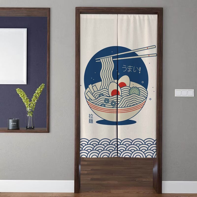 Japanese Izakaya Ramen Bowl with Chopsticks & Seigaiha Waves Doorway Curtain Noren Room Divider