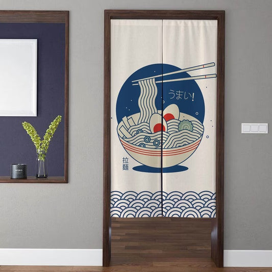 Japanese Izakaya Ramen Bowl with Chopsticks & Seigaiha Waves Doorway Curtain Noren Room Divider