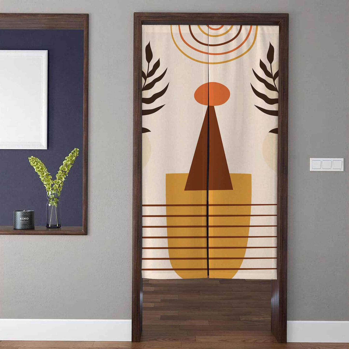 Minimalist Boho Abstract Geometric Sun & Botanical Leaf Doorway Curtain Noren Room Divider