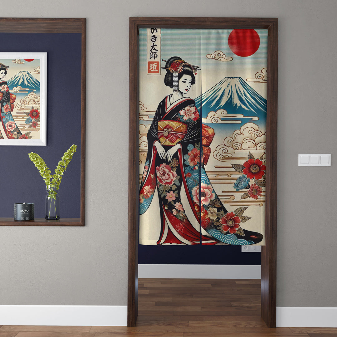 Japanese Traditional Vintage Ukiyo-e Geisha Maiden, Mount Fuji & Peony Doorway Curtain Noren Zen Room Divider