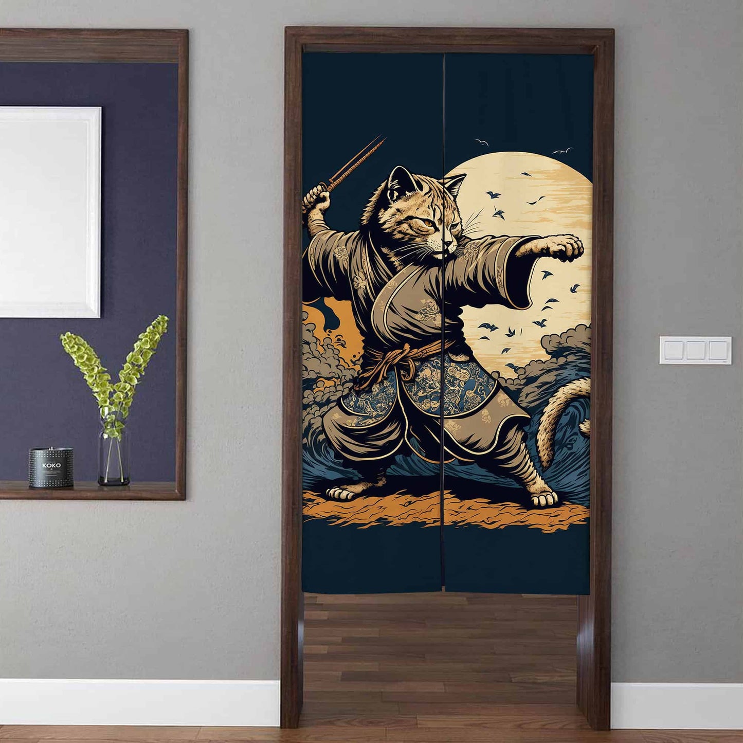 Japanese Traditional Samurai Cat Warrior & Katana Doorway Curtain Noren Room Divider