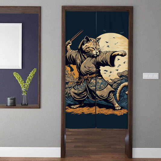 Japanese Traditional Samurai Cat Warrior & Katana Doorway Curtain Noren Room Divider