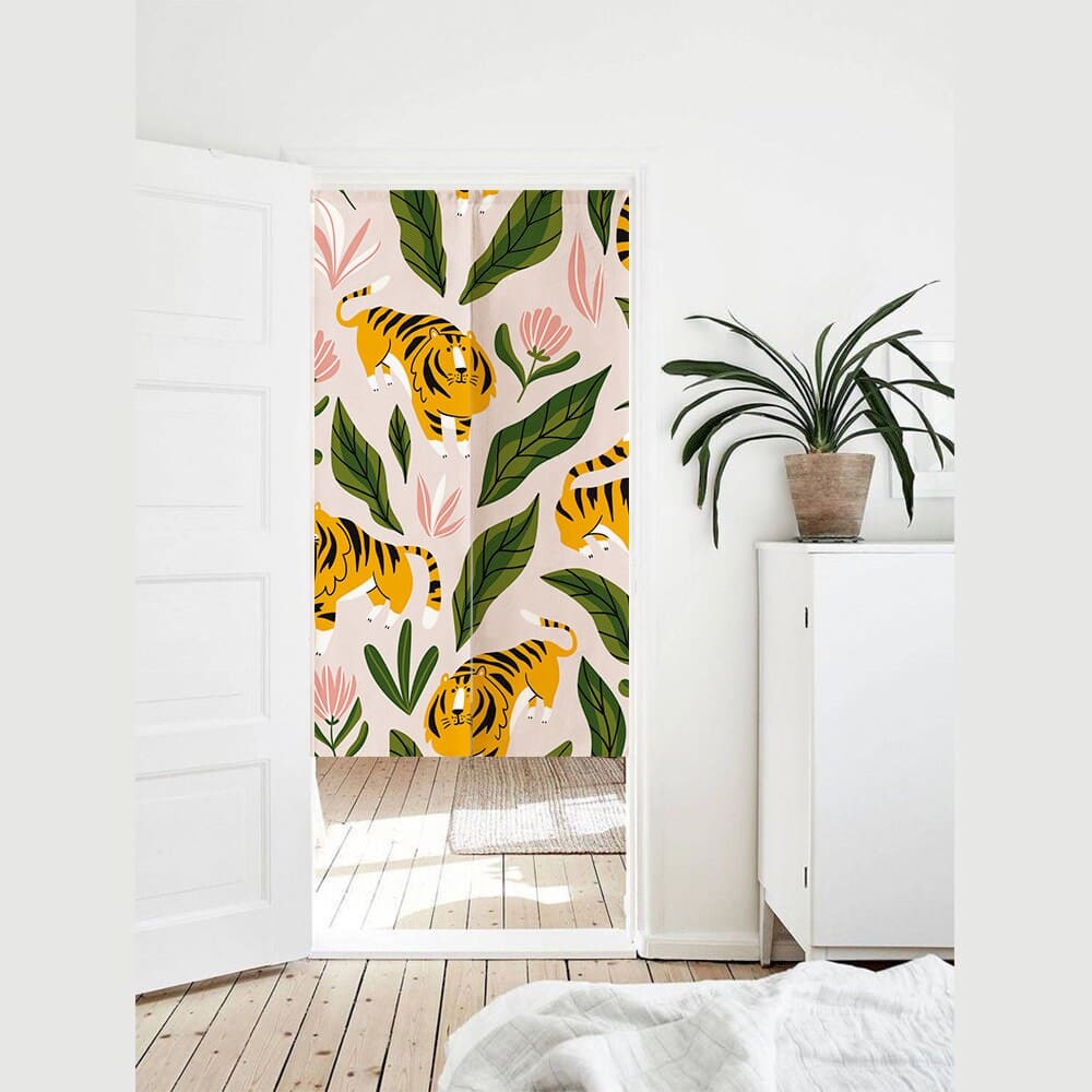 Hand Drawn Cute Pink Tiger Leaves Doorway Curtain Noren image 1