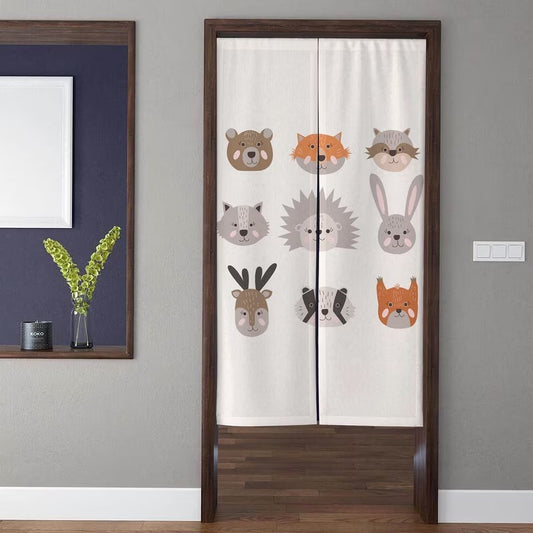 Nordic Cute Woodland Animals Grid Pattern Kids Room Doorway Curtain Noren Room Divider