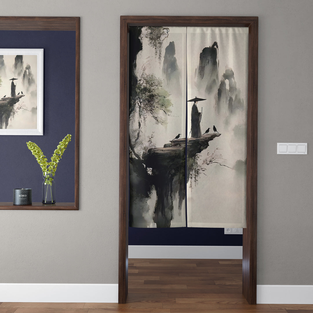 Japanese Traditional Minimalist Ink Wash Solitary Monk on Cliff & Misty Mountain Doorway Curtain Noren Zen Room Divider