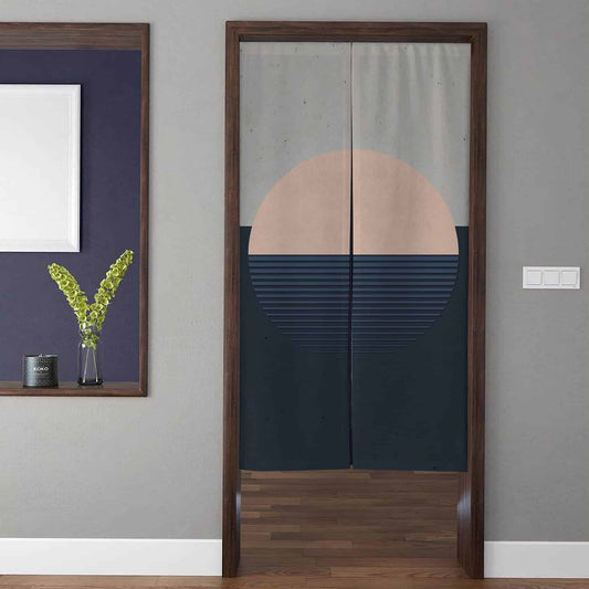 Minimalist Mid-Century Geometric Sun & Navy Blue Block Doorway Curtain Noren Room Divider