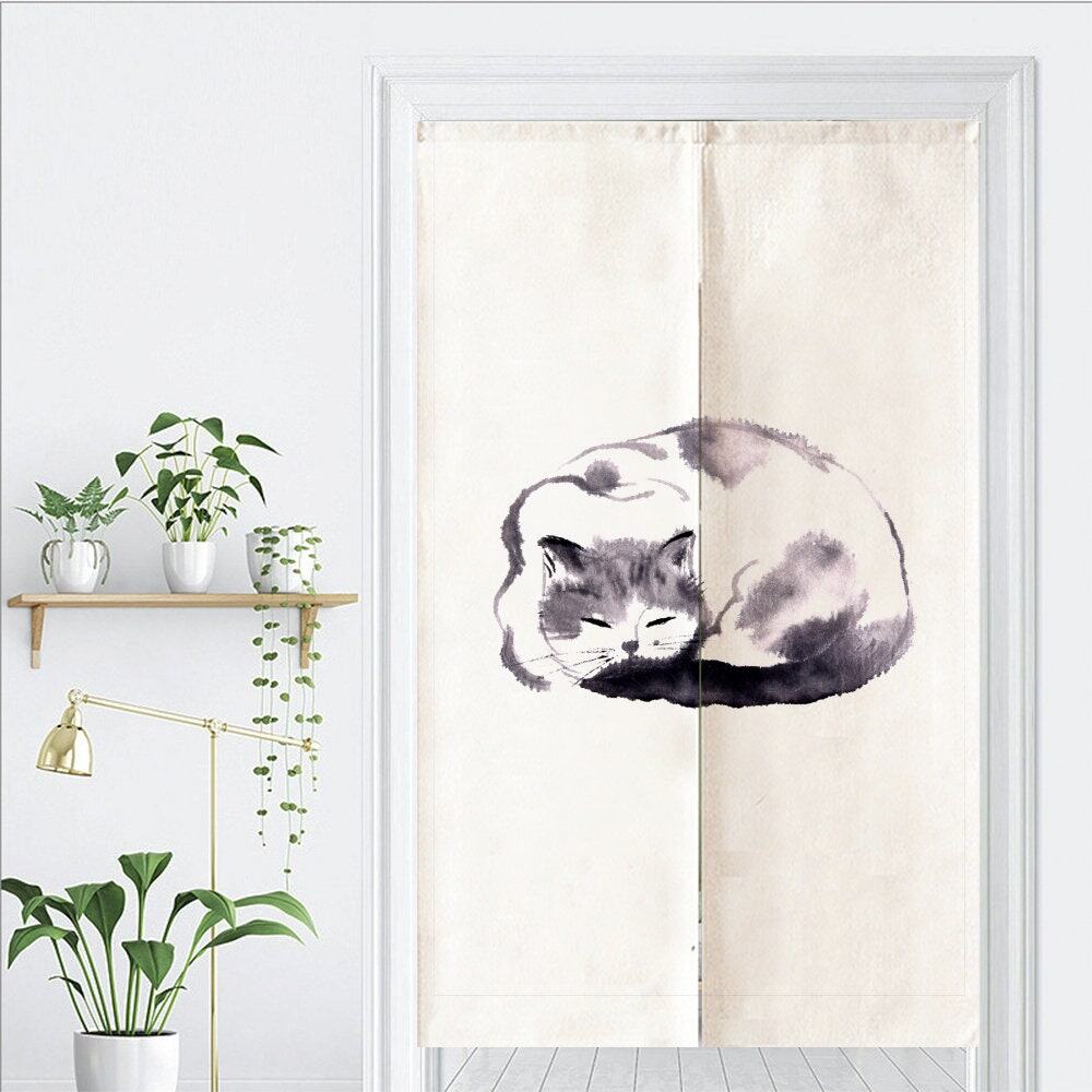 Cute Chilling Cat Inking Art Print Doorway Curtain Noren image 1