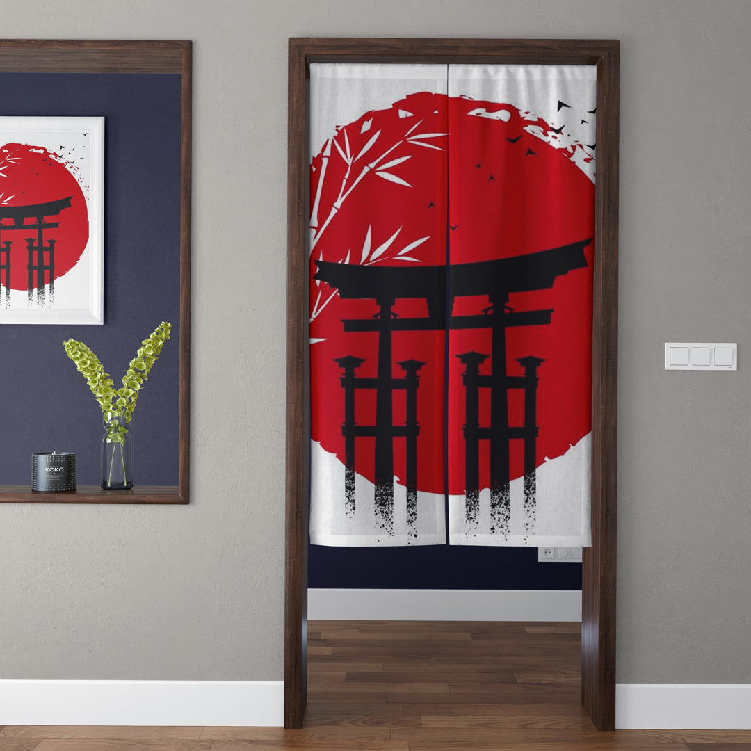 Japanese Traditional Minimalist Black Torii Gate, Crimson Sun & Bamboo Doorway Curtain Noren Zen Room Divider