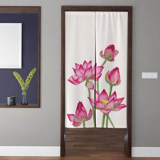 Zen Watercolor Pink Lotus Blossoms & Stems Botanical Doorway Curtain Noren Room Divider