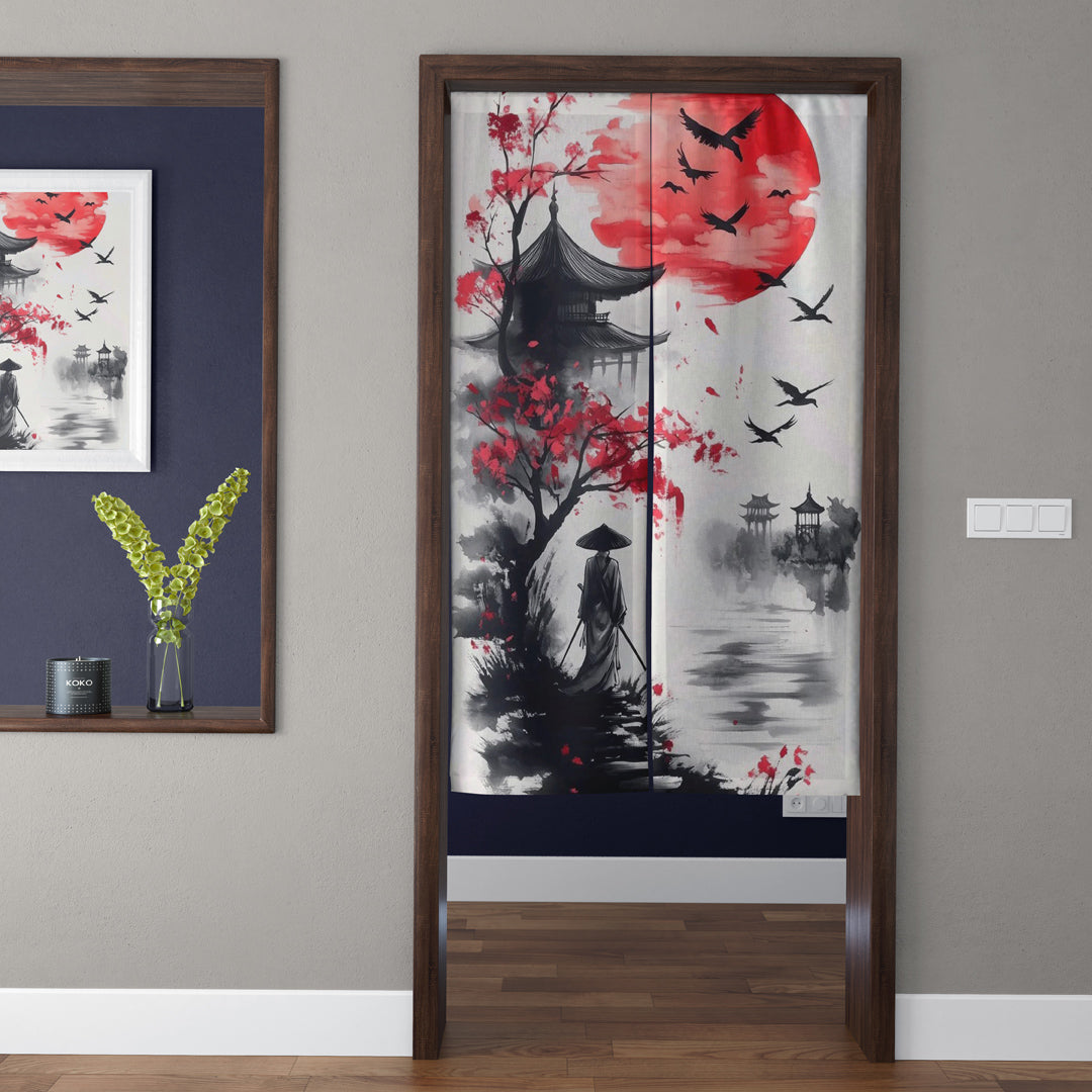 Japanese Traditional Ink Wash Solitary Samurai, Crimson Sun & Pagoda Temple Doorway Curtain Noren Zen Room Divider