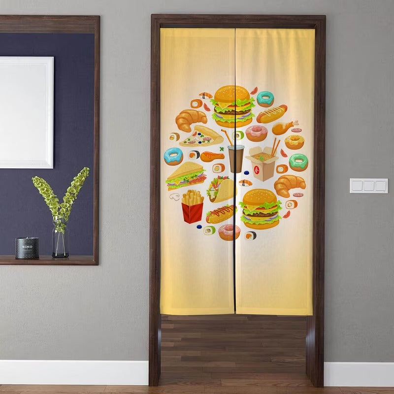 Vibrant Fast Food Circle Collage with Burgers, Fries & Donuts Doorway Curtain Noren Room Divider